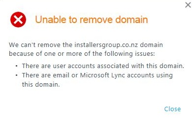 Office 365 remove domain error
